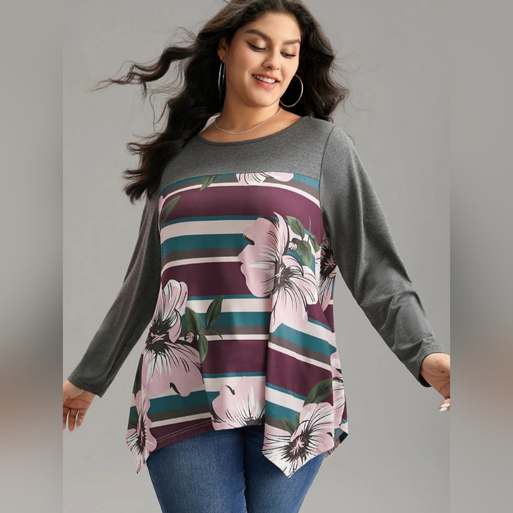 BloomChic Floral Women’s Long Sleeve Top Gray Purple Stripe - Size 4X
